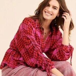 Free People We the Free Pacific Dawn Pink Red Plaid Combo Cinch Sleeve Blouse